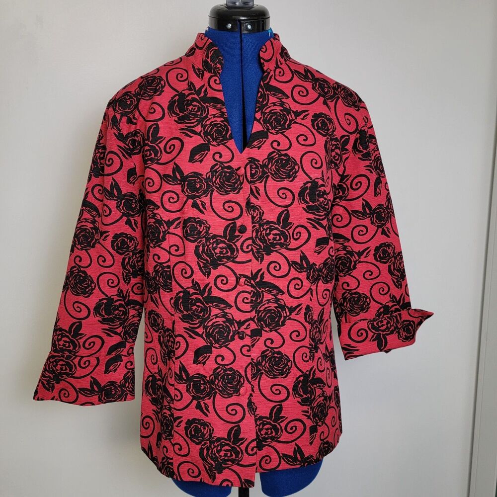 Silkland Womens Red w/Black Roses 100% Silk 3/4 Sleeve Flip Cuff Blouse L